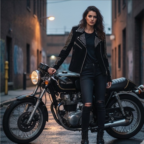 Black suede studded moto jacket - Picture 1 of 10